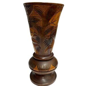 Vintage 9.25” Hand Carved Wooden Vase Visit > Two Tone Floral Leaf Design MCM...